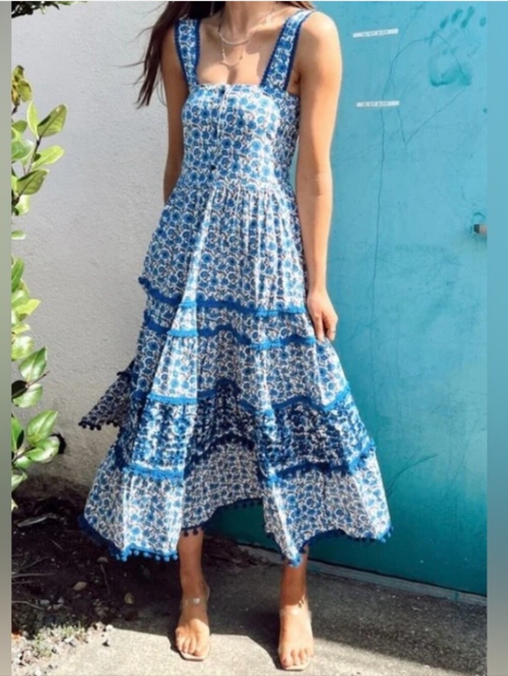 The Shirt Rochelle Behrens Floral Tiered Eyelet Maxi Dress Preppy Coastal Size S
